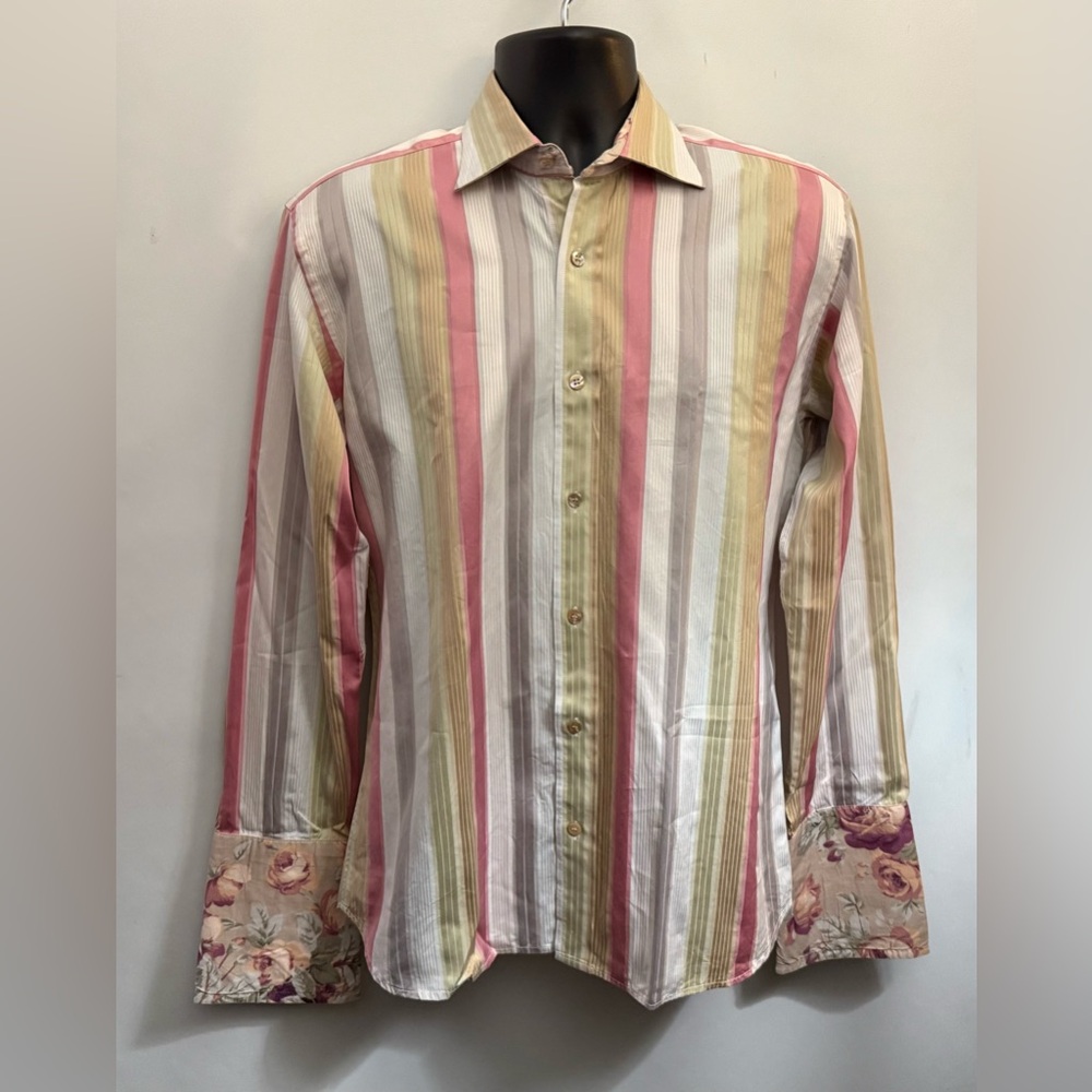 TED BAKER LONDON Mens 15.5/39 Flip Cuff Striped French Cuff Pearl Buttons Sheen - Picture 7 of 14